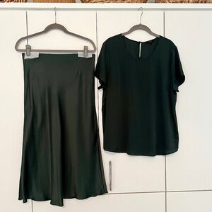 Quince 100% Silk Midi Skirt and Stretch Silk Tee Forest Green LARGE *EUC*